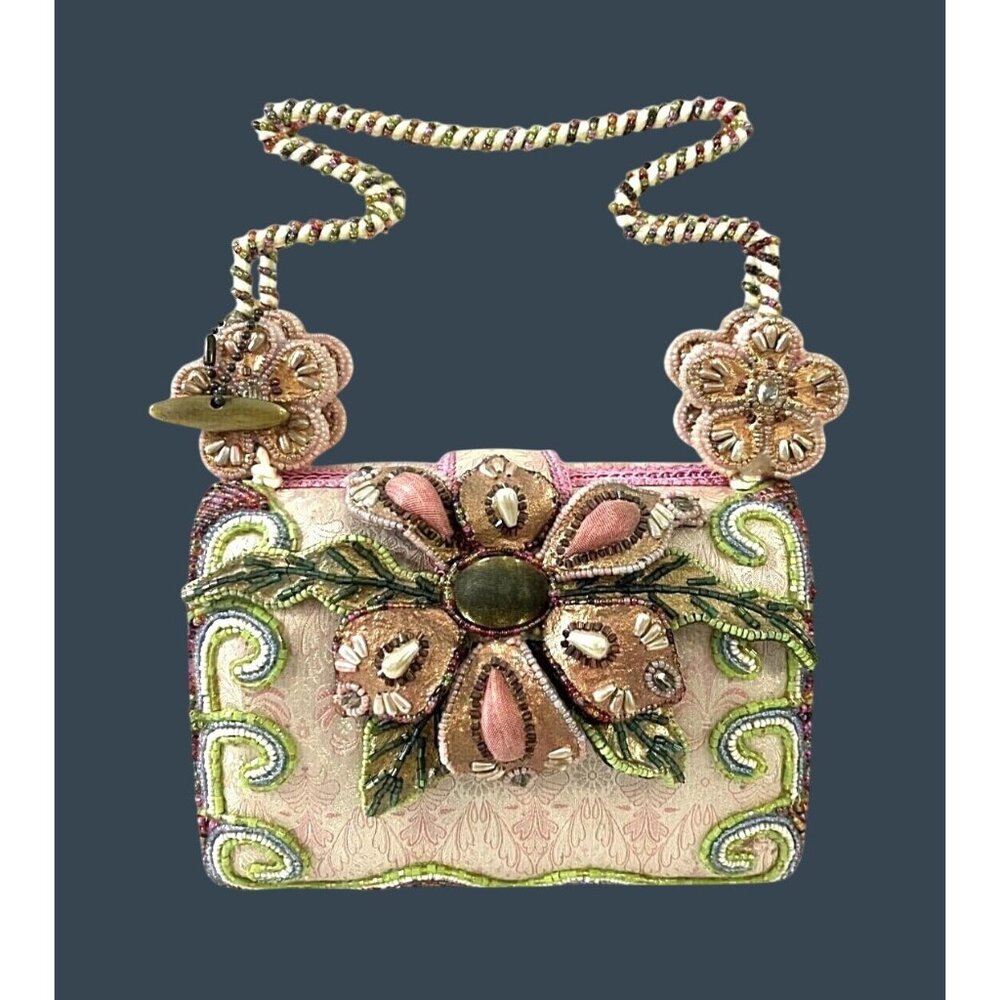 Mary Frances Beaded Floral Handbag With Intricate Embroidery Pink & Green Accent - Picture 2 of 16